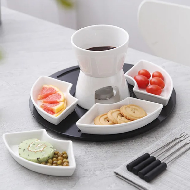 Fondue Pot Ceramic - Conjunto de Panela de Cerâmica Branca