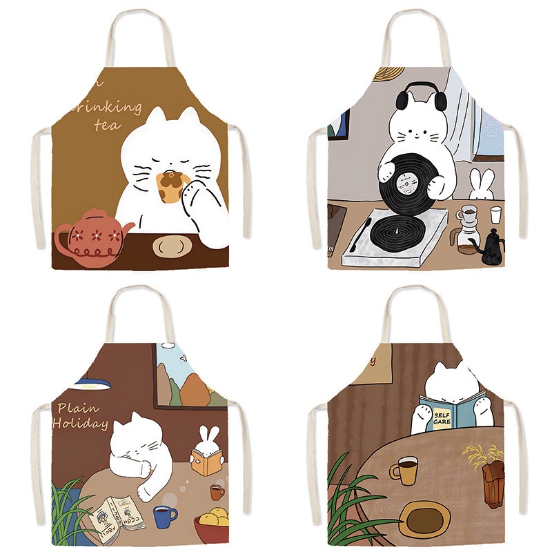 Home Cooking For Cats - Avental estampado com gato branco fofo,